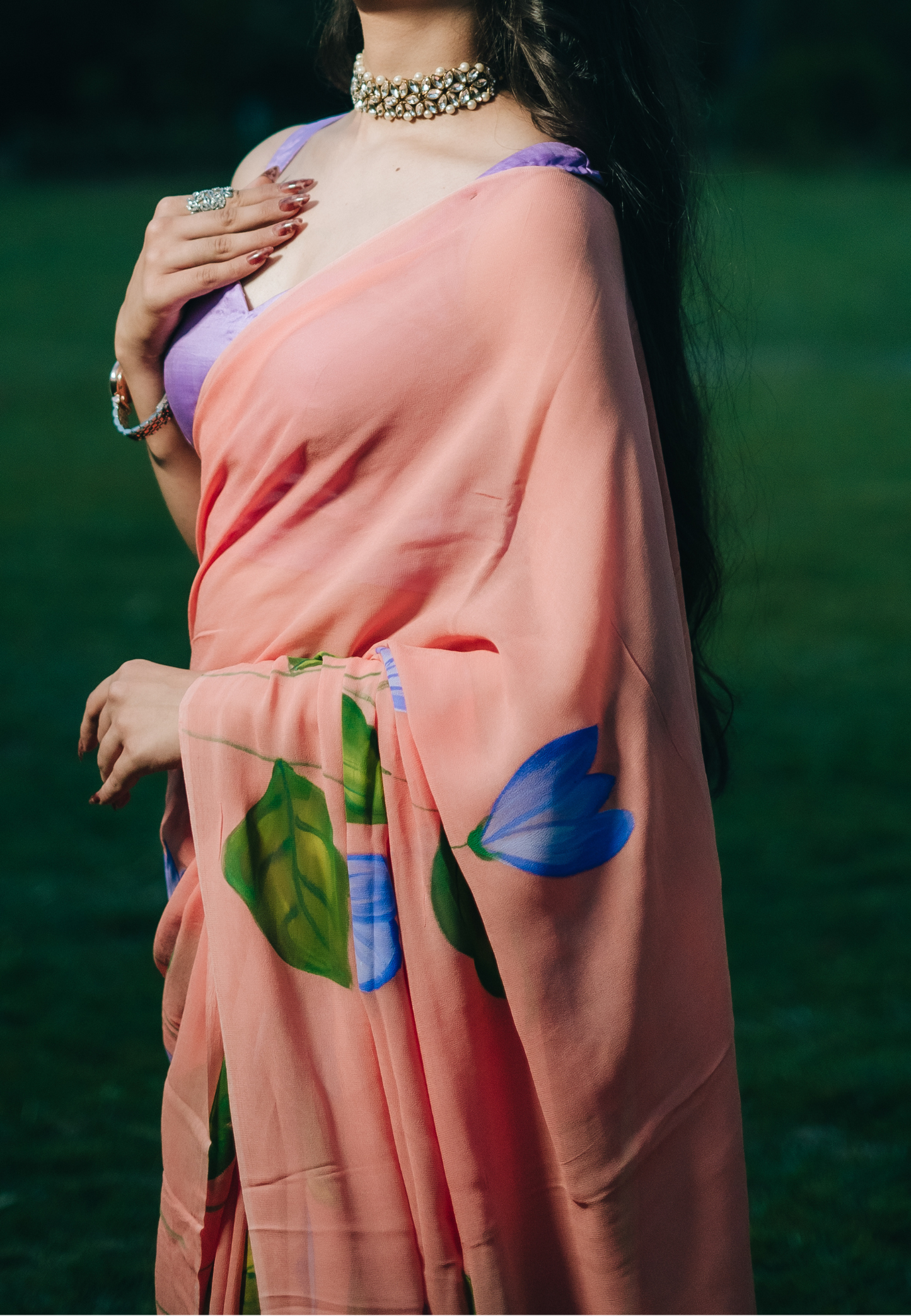 Peach Georgette saree hand painted