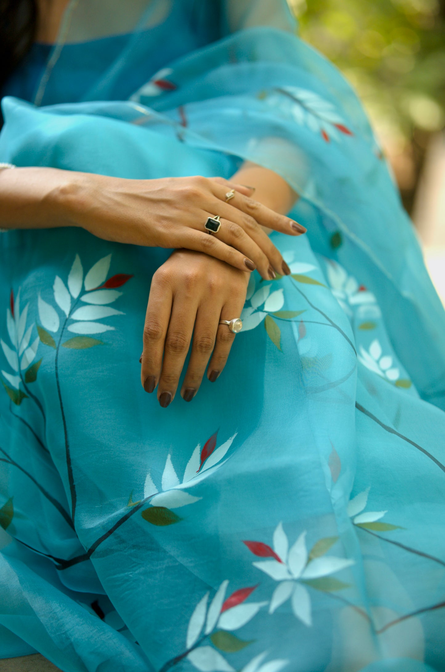 Blue Organza saree hand painted