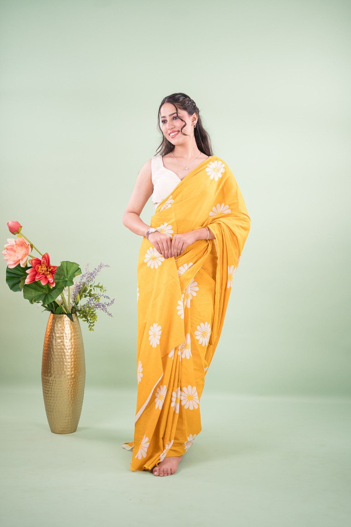 Bright Yellow Daisy Mul Mul Cotton Saree