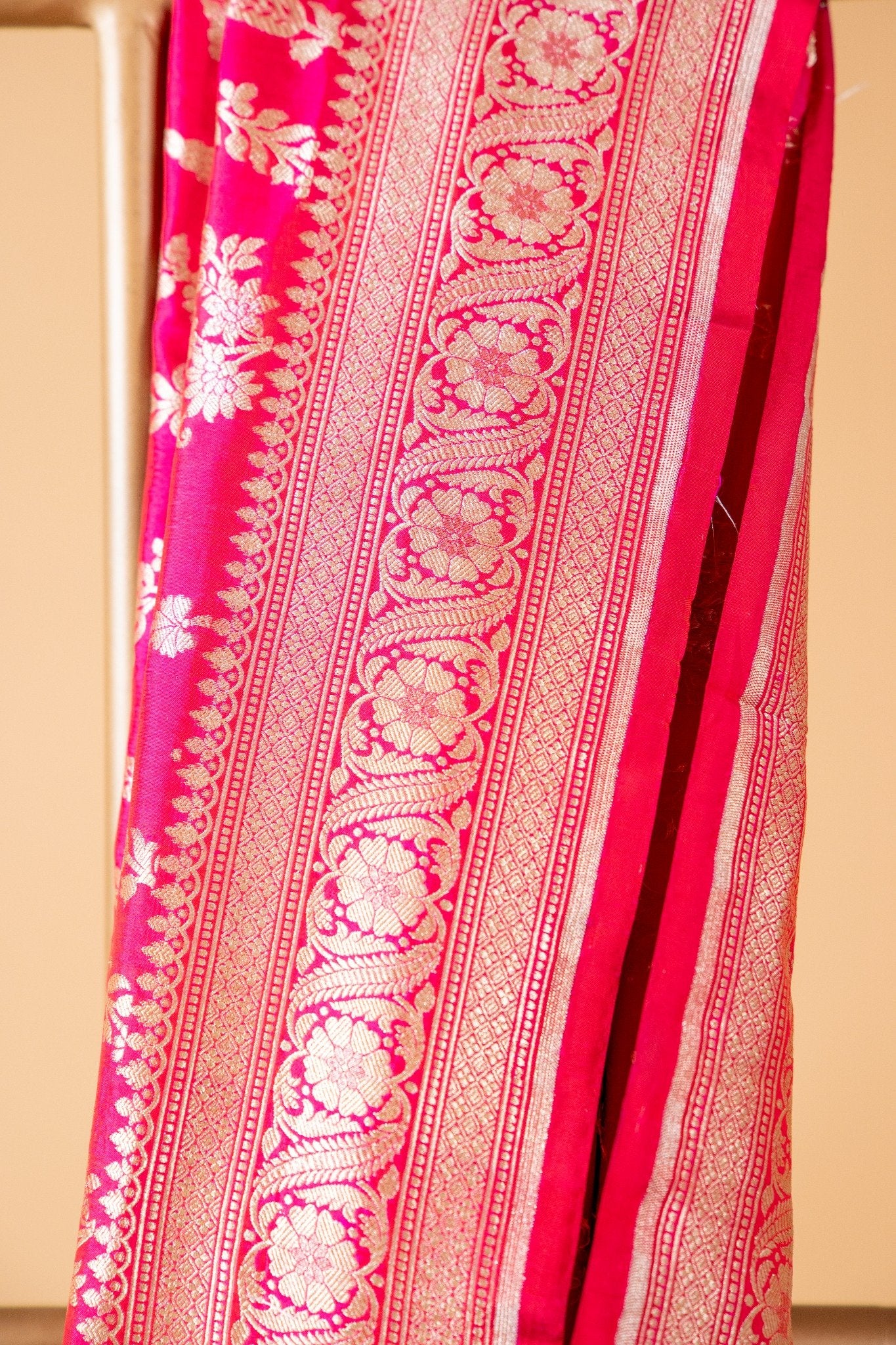 Dark Pink Banarasi Katan Silk Saree with Zari Jangla Border - Atulyakarigari