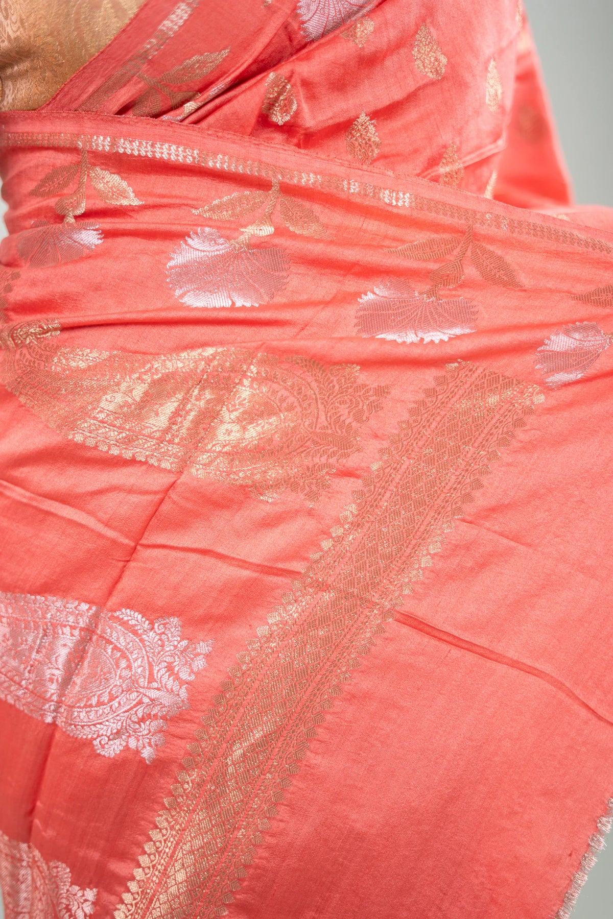 Coral Peach Banarasi Silk Saree - extra zari detail