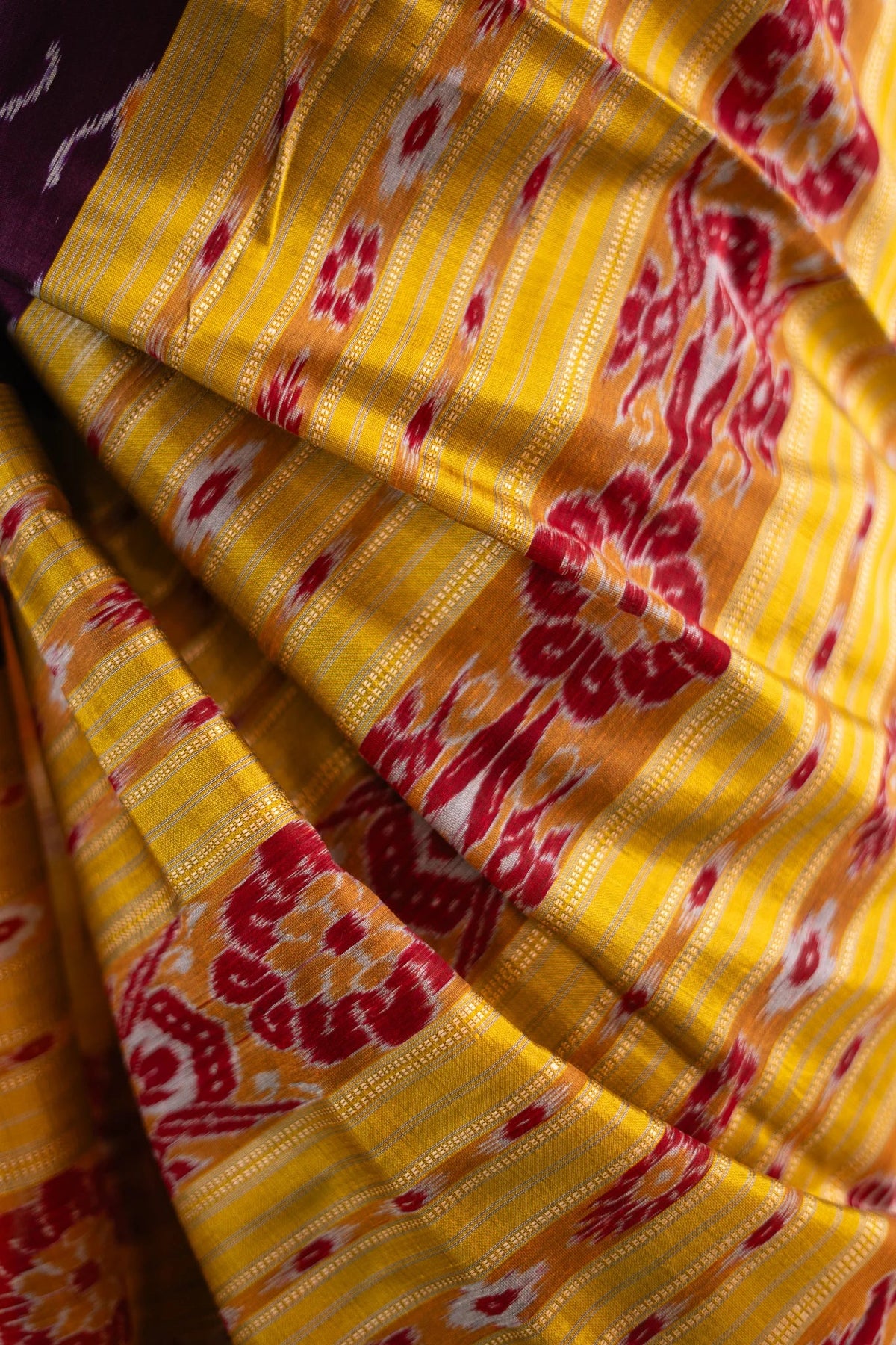 Deep Purple Yellow Ikat Khandua Silk Saree