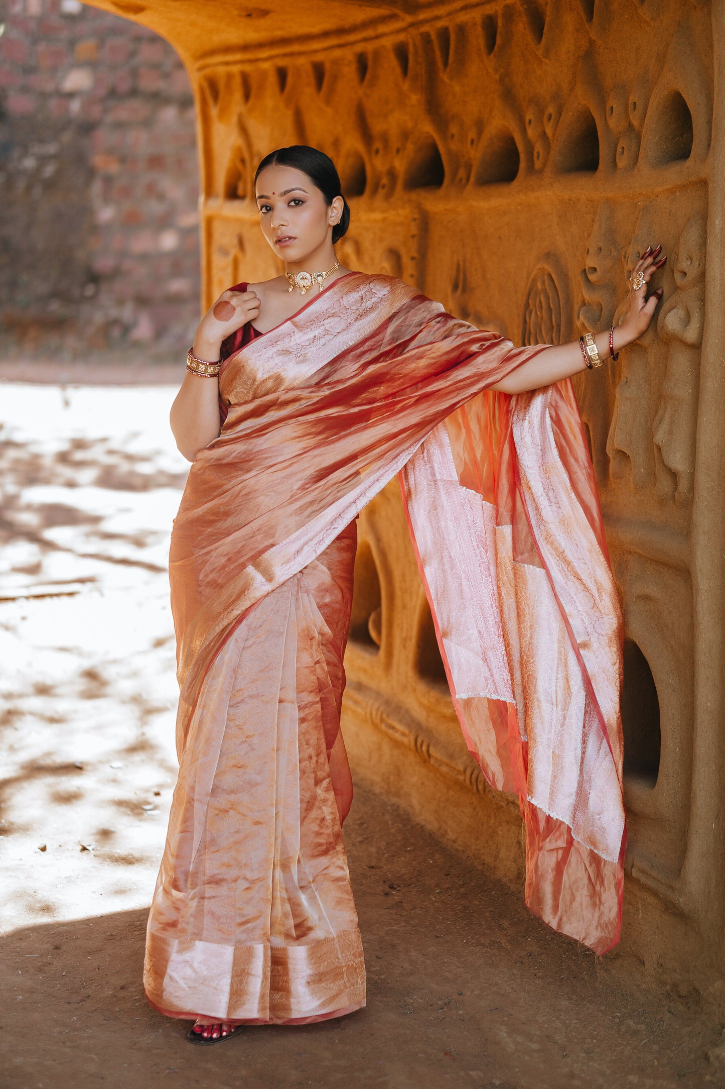 Tissue Saree Peach Hand woven