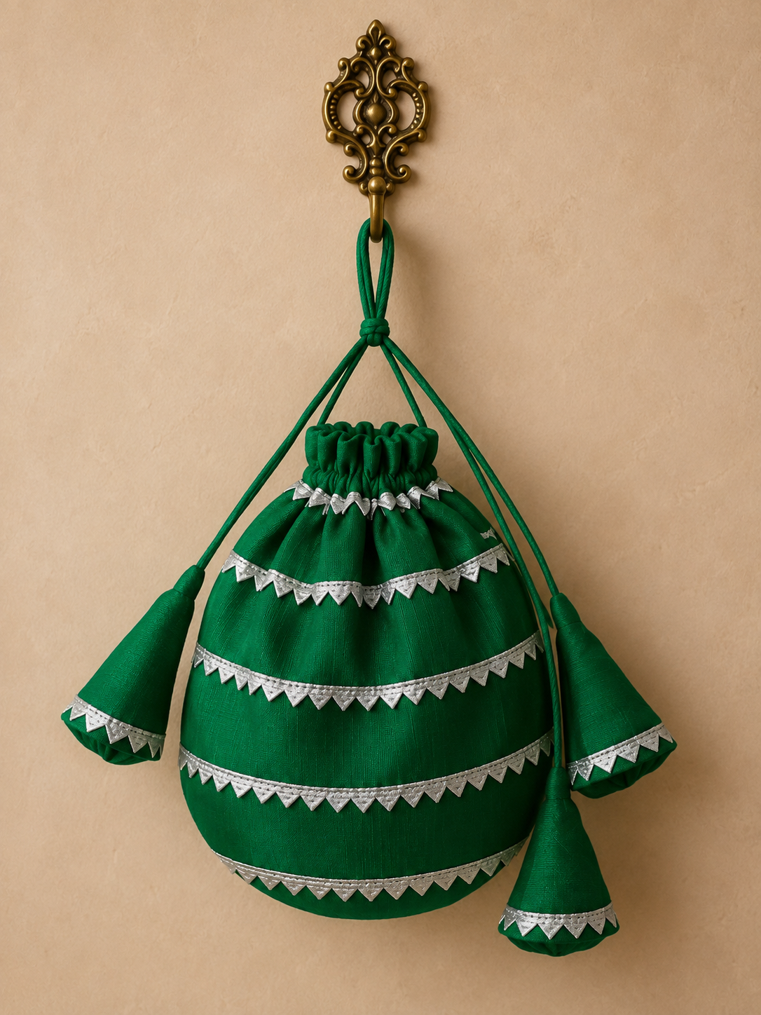 Bottle Green Raw Silk Potli Bag