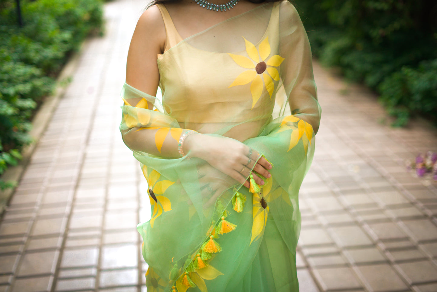 Green Organza saree hand painted