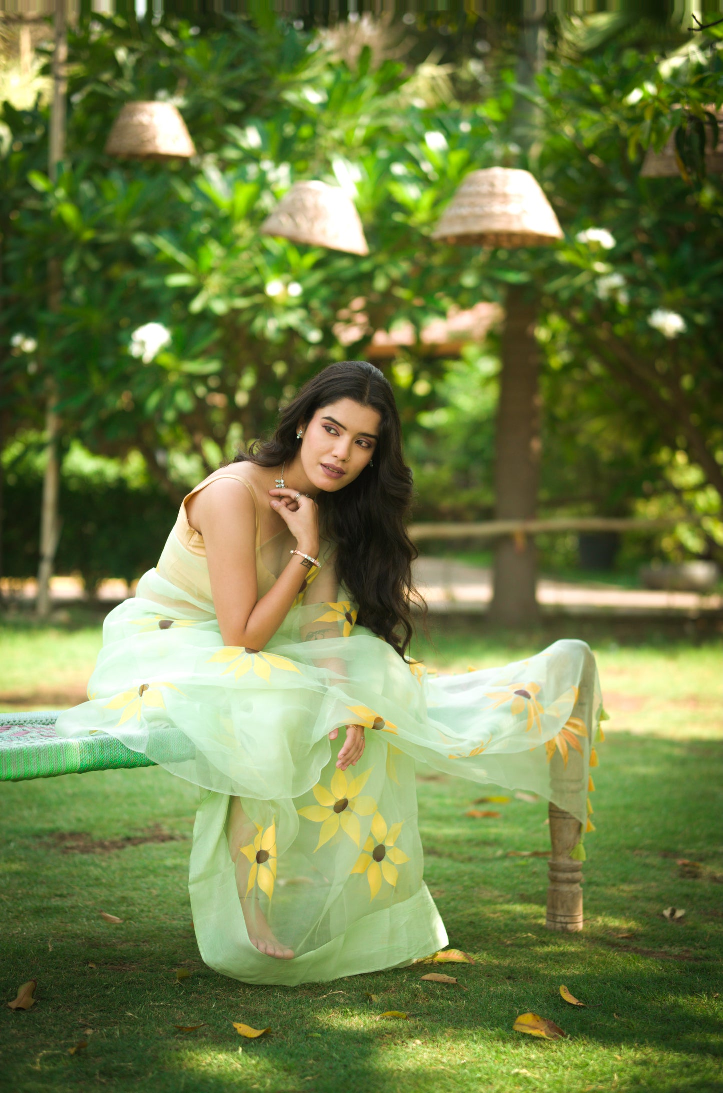 Green Organza saree hand painted