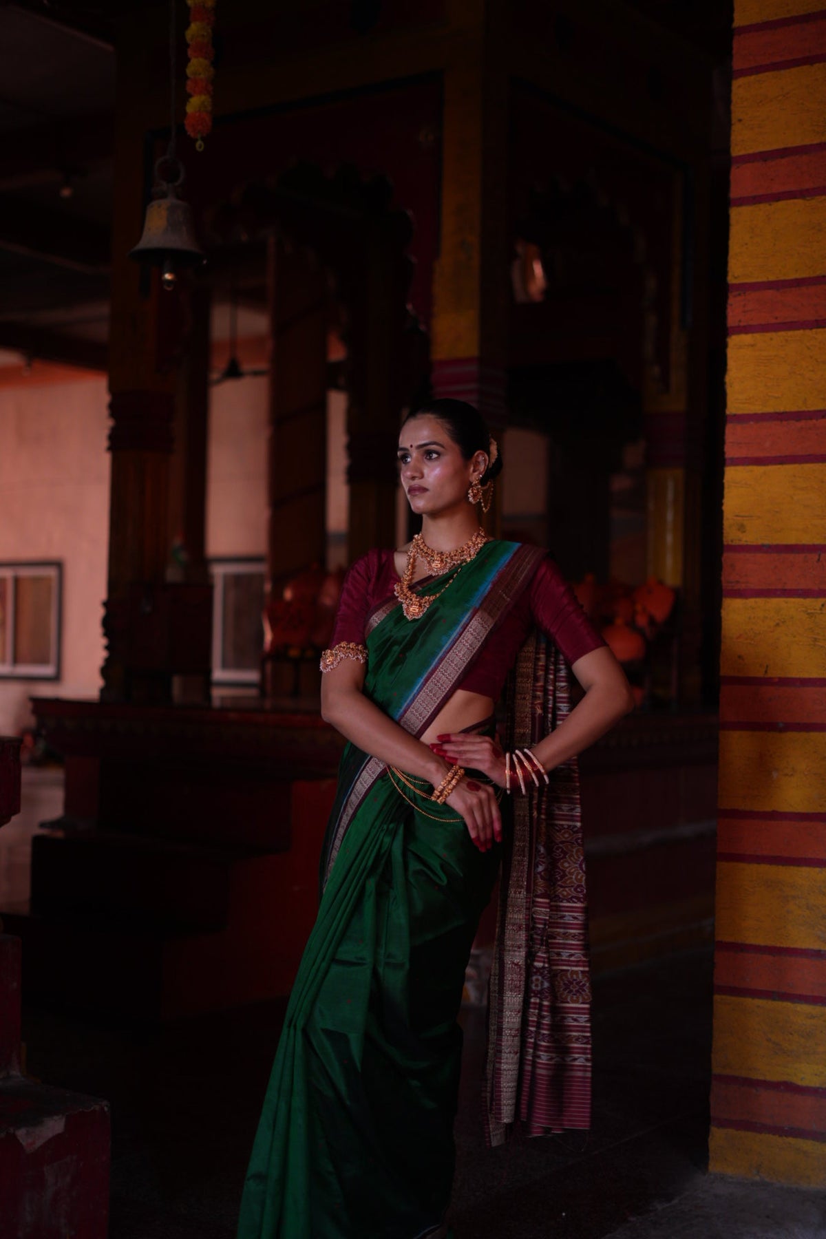 Emerald Green with Maroon Border Khandua Silk Saree