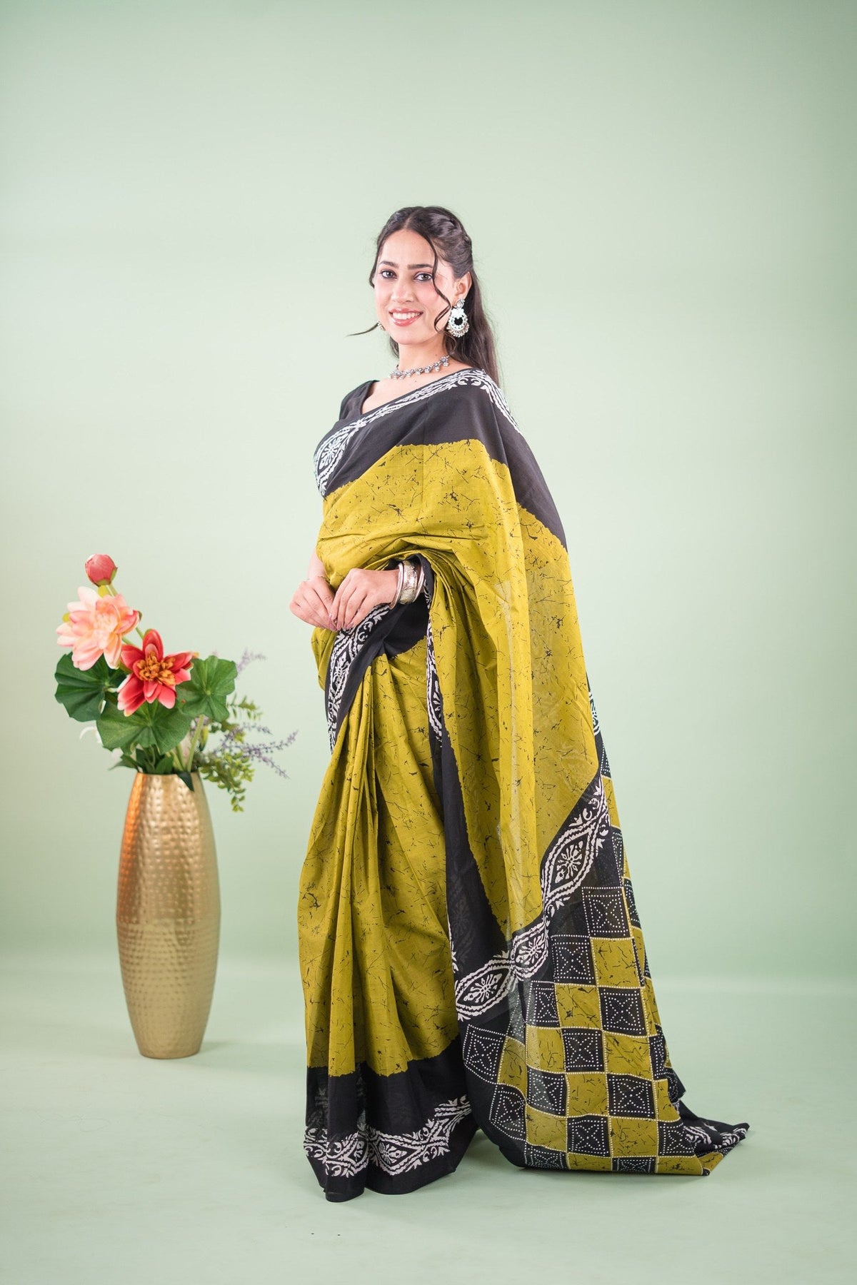 Lime Green Charcoal Batik Mul Mul Cotton Saree