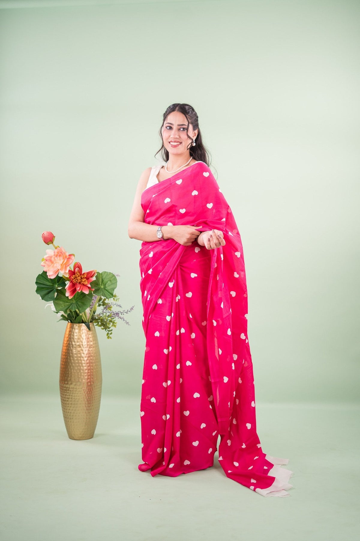 Magenta Heart Print Mul Mul Cotton Saree