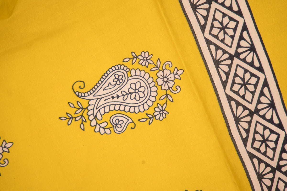 Mustard Black Paisley Border Mul Mul Cotton Saree