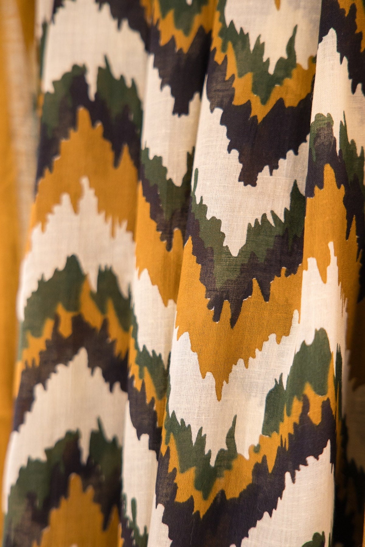 Olive Mustard Zig-Zag Ikat Mul Mul Cotton Saree