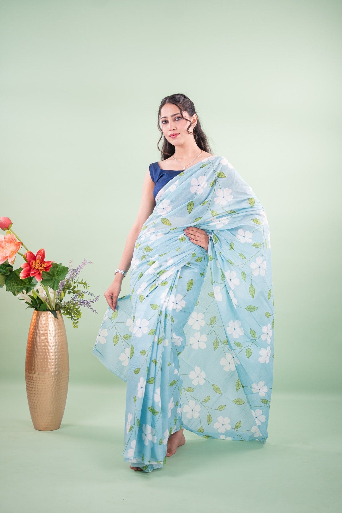 Powder Blue Blossom Vine Mul Mul Cotton Saree