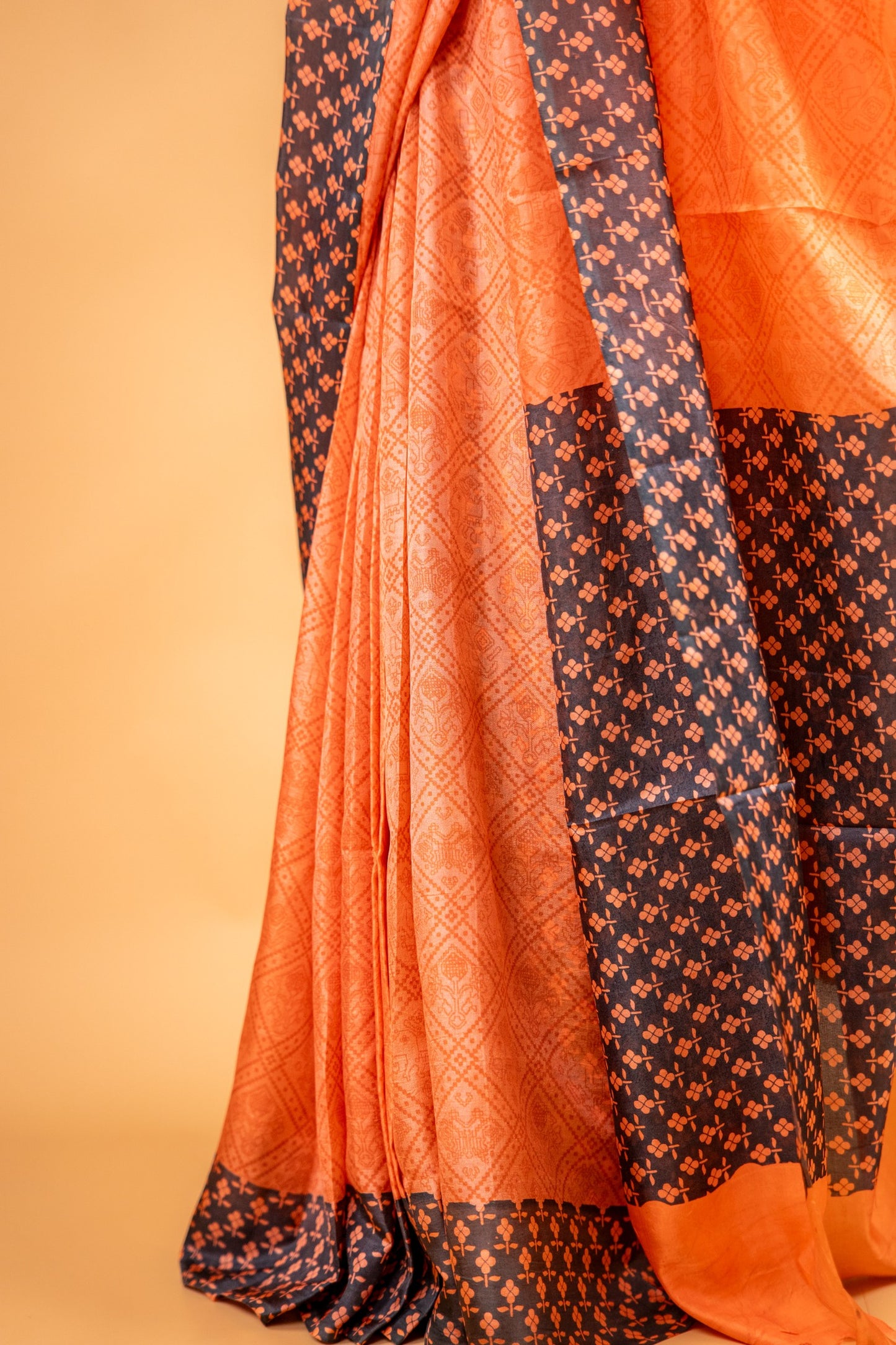 Matka Silk Hand Block Printed Saree - Orangish Yellow - Atulyakarigari