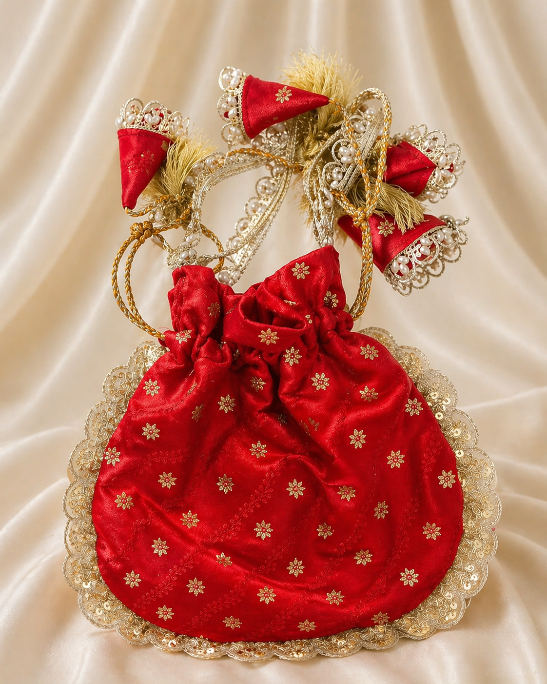 Royal Red Silk Potli Bag with Gold Embroidery & Tassel Detailing for Wedding & Festive Wear