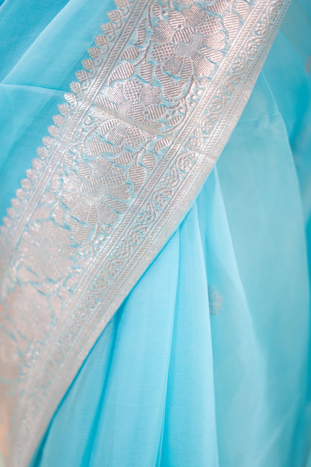 Sky Blue Silver Zari Chiffon Saree - image 8