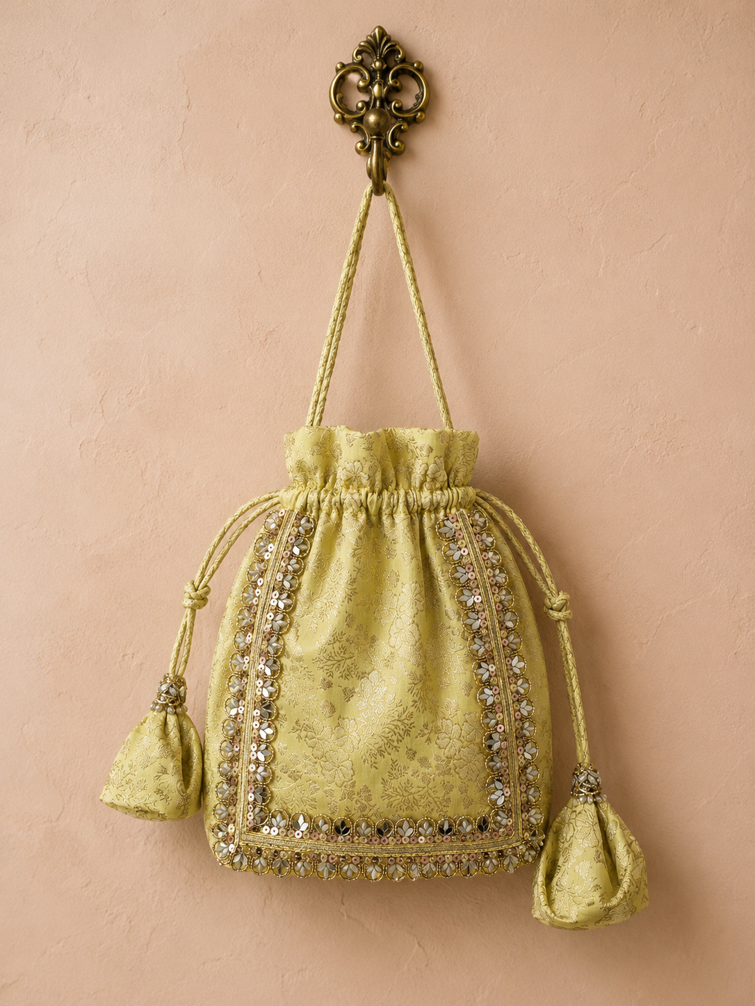 Pastel Yellow Brocade Silk Potli Bag