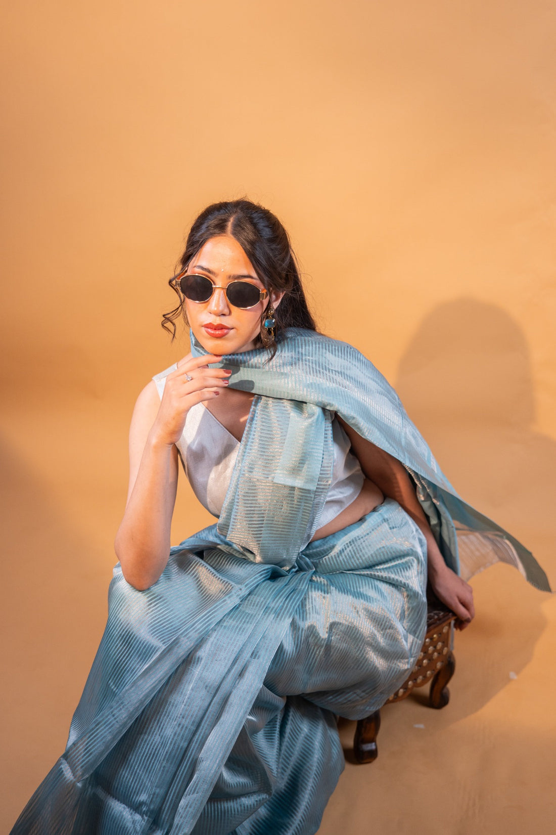 Blue tissue saree style for summer