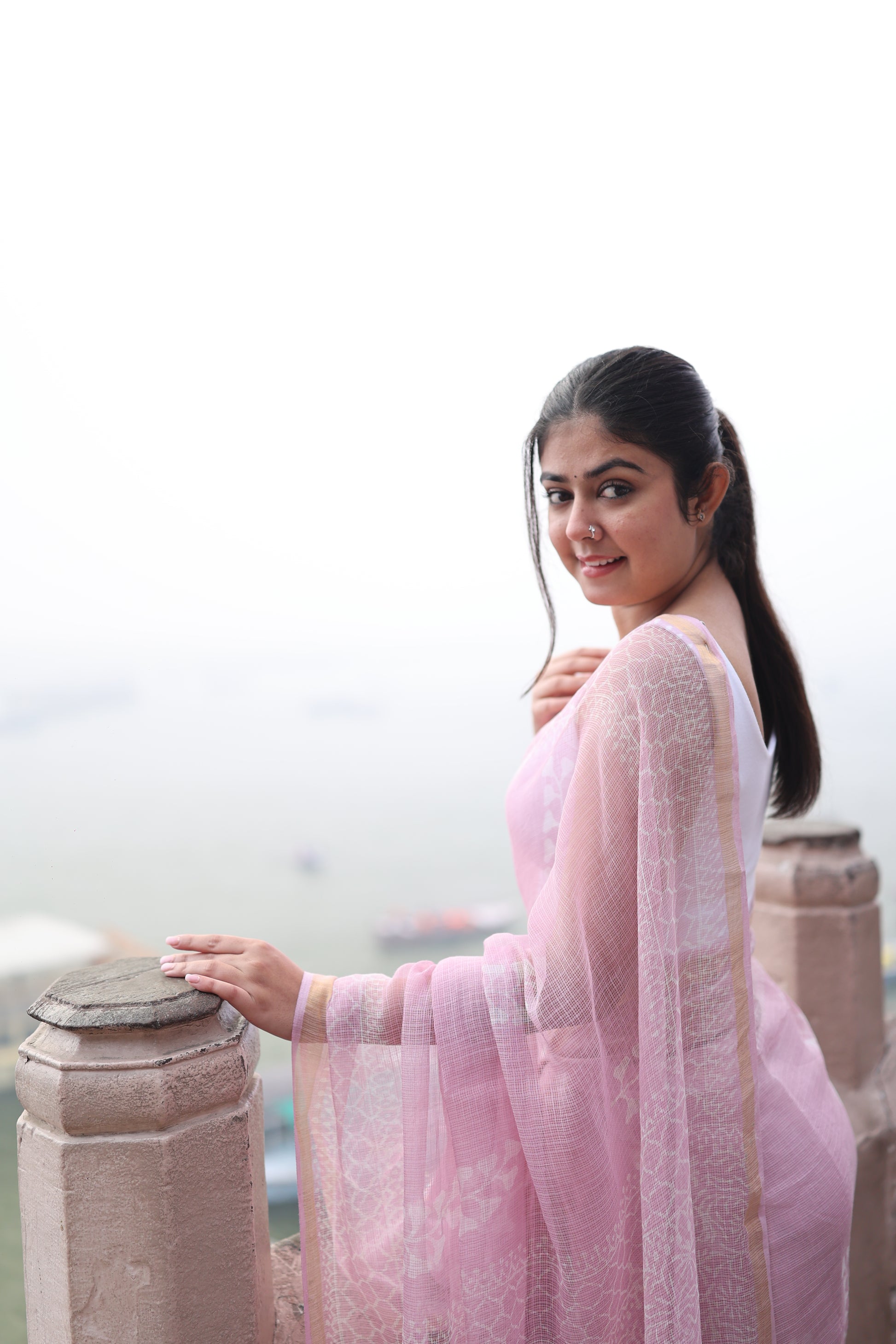 Pink Bagru Kota Doria Cotton Saree, Block Print - view 3