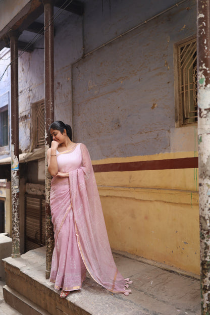 Pink Bagru Kota Doria Cotton Saree, Block Print - view 4