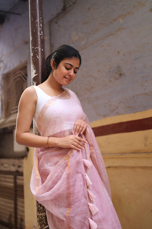 Bagru Kota Doria Saree – Pink Block Print Handloom Cotton with Blouse - Atulyakarigari