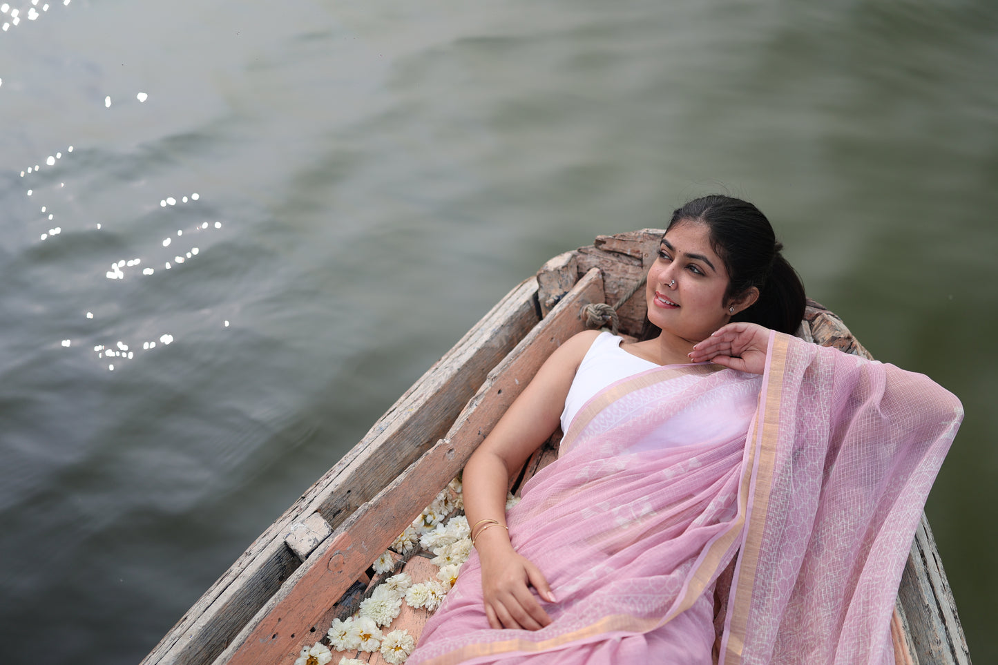 Pink Bagru Kota Doria Cotton Saree, Block Print - view 6