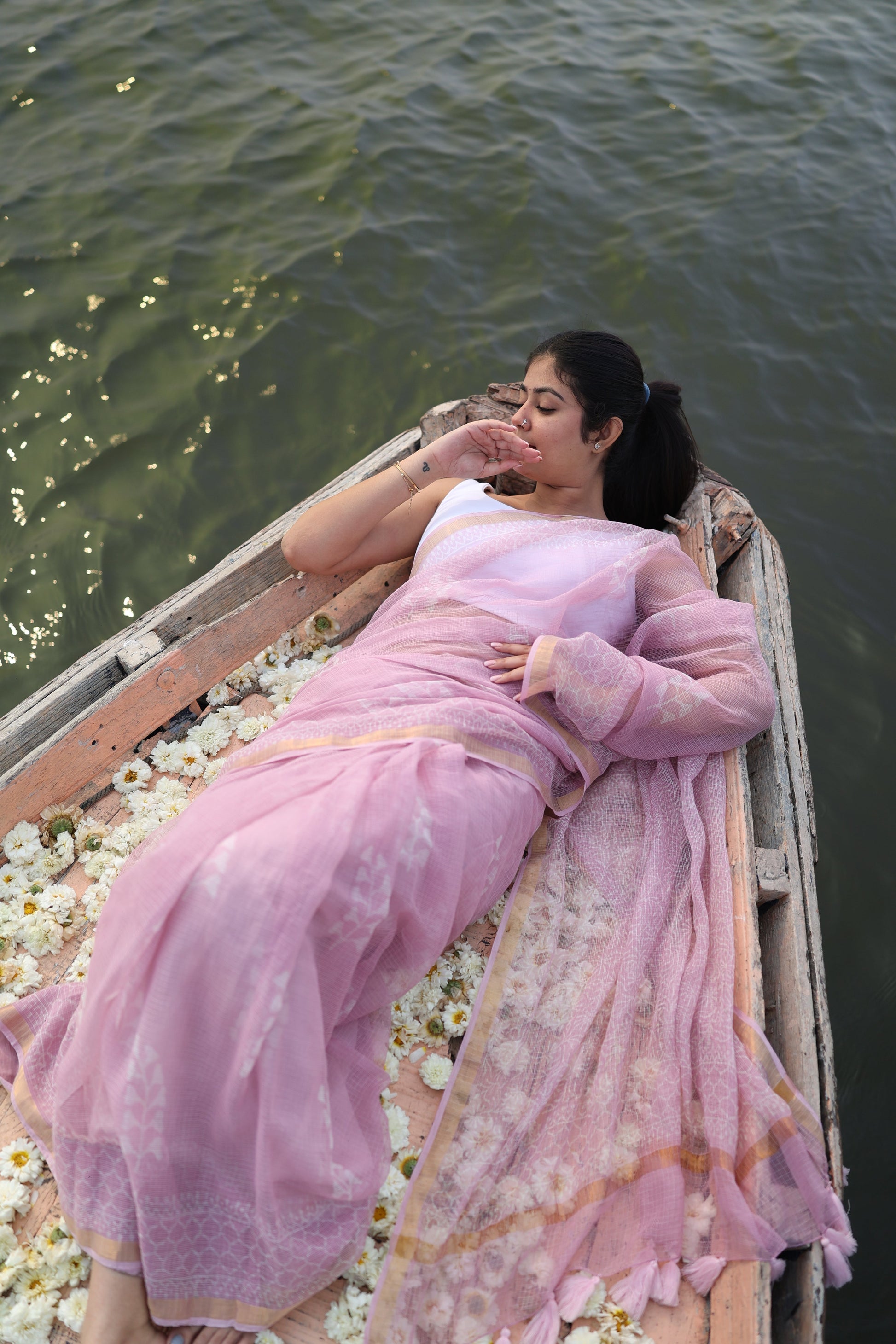 Pink Bagru Kota Doria Cotton Saree, Block Print - view 7