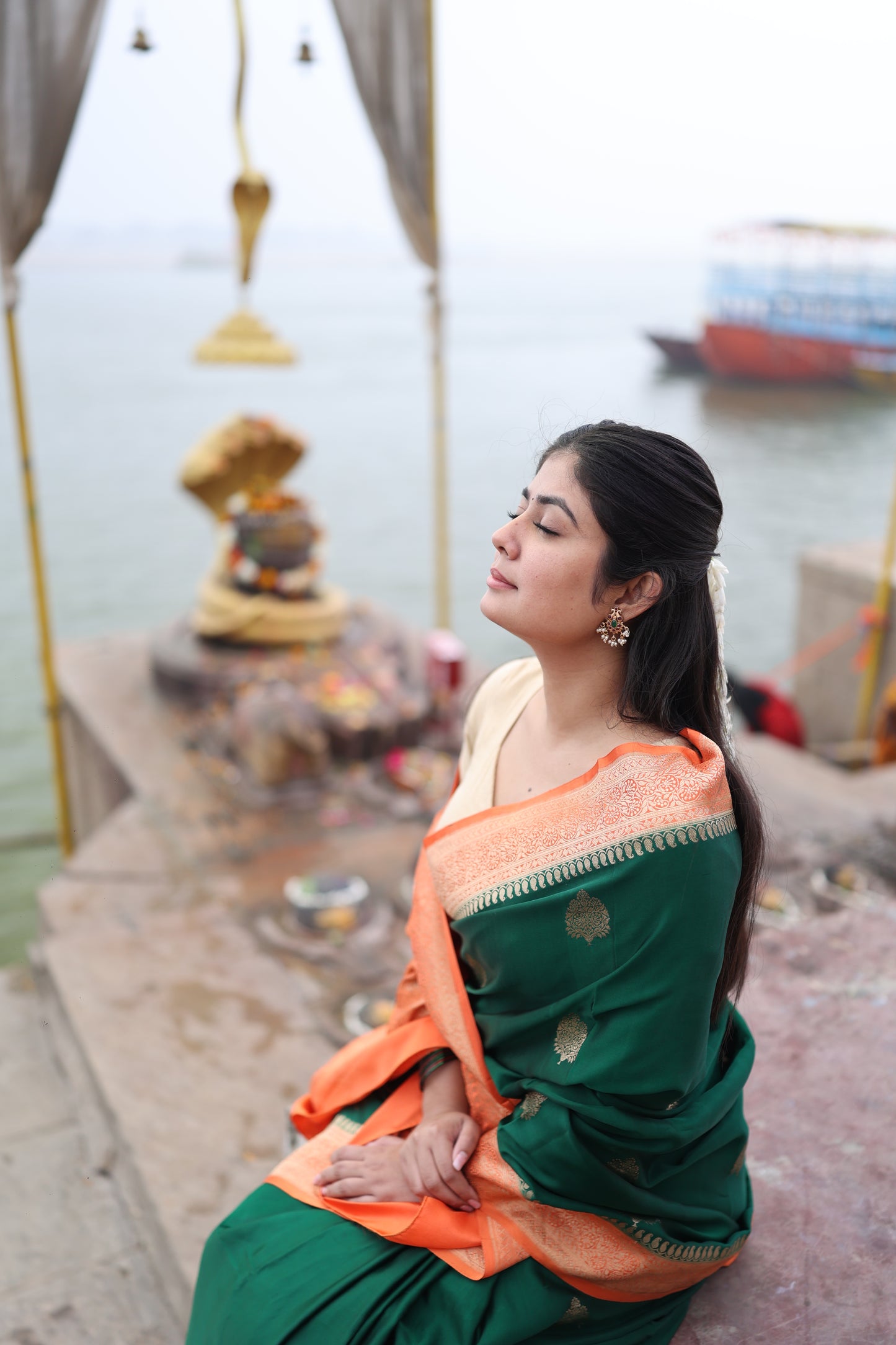 Katan Banarasi Saree (Deep green with gold zari work) - Atulyakarigari
