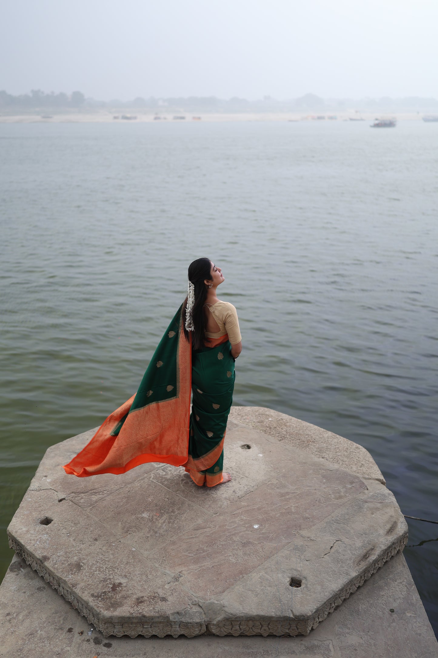 Katan Banarasi Saree (Deep green with gold zari work) - Atulyakarigari