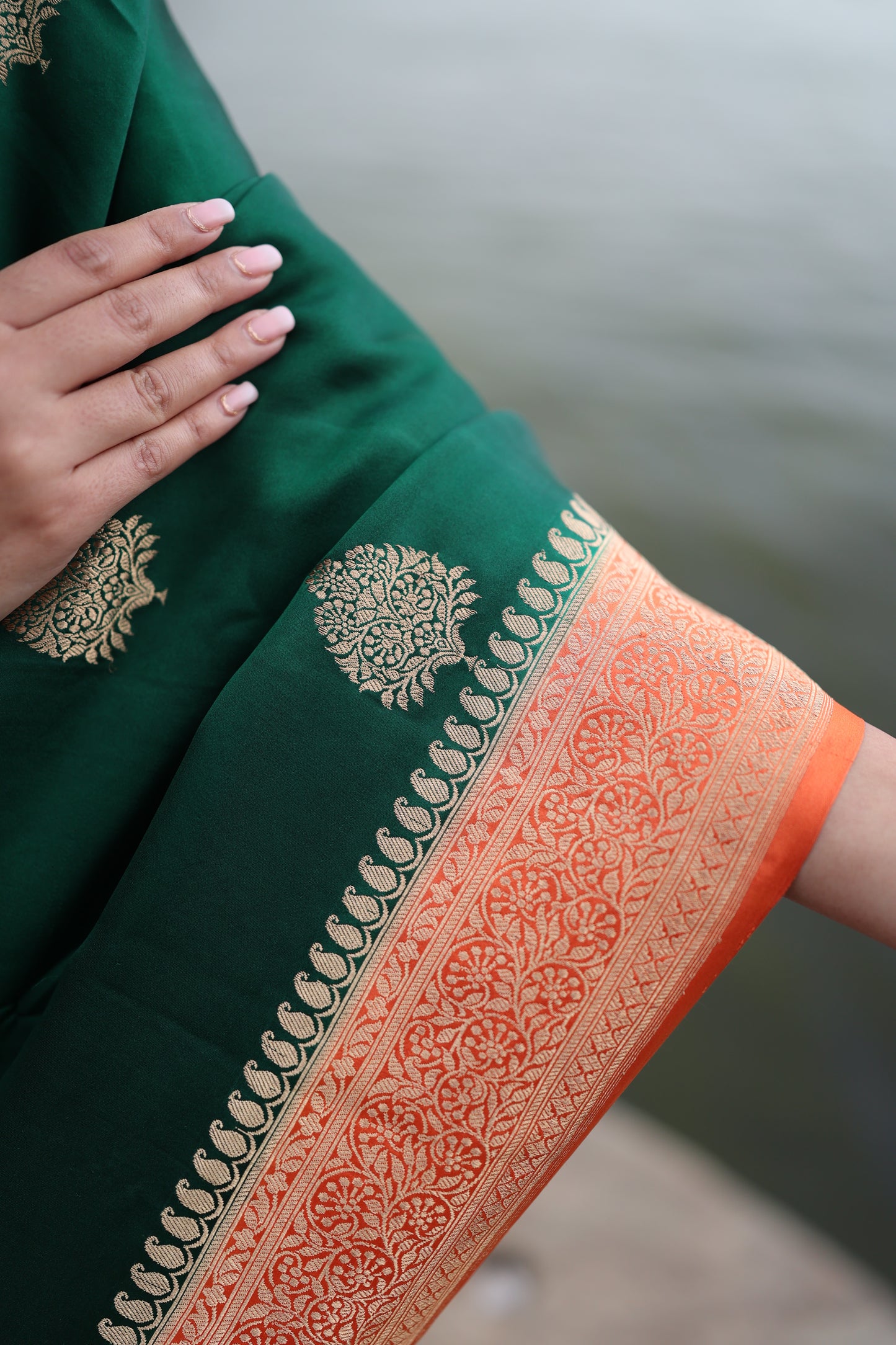 Katan Banarasi Saree (Deep green with gold zari work) - Atulyakarigari