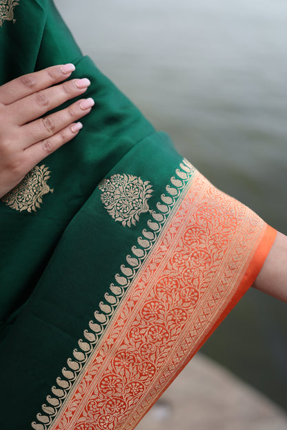 Katan Banarasi Saree (Deep green with gold zari work) - Atulyakarigari