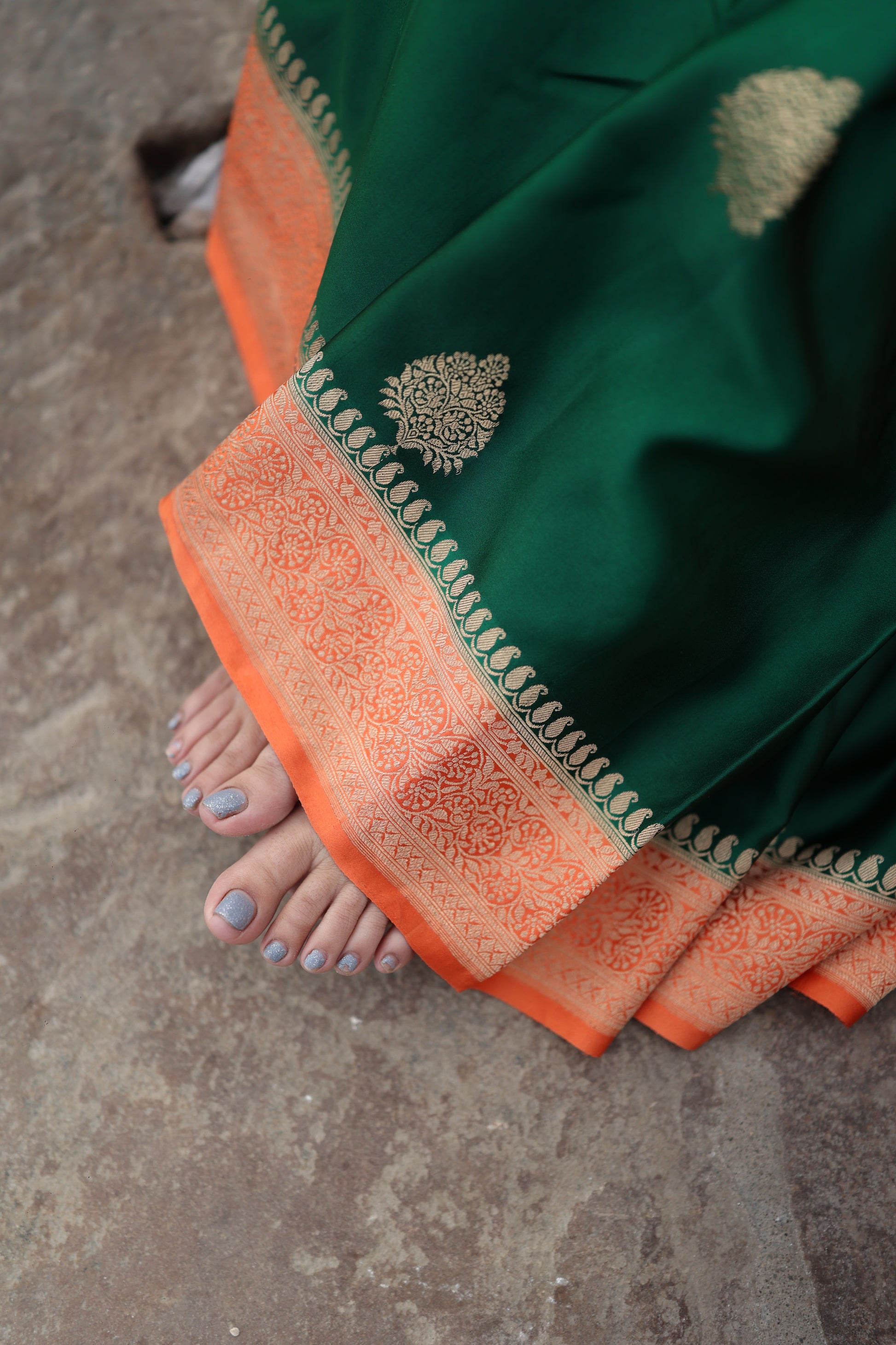 Katan Banarasi Saree (Deep green with gold zari work) - Atulyakarigari