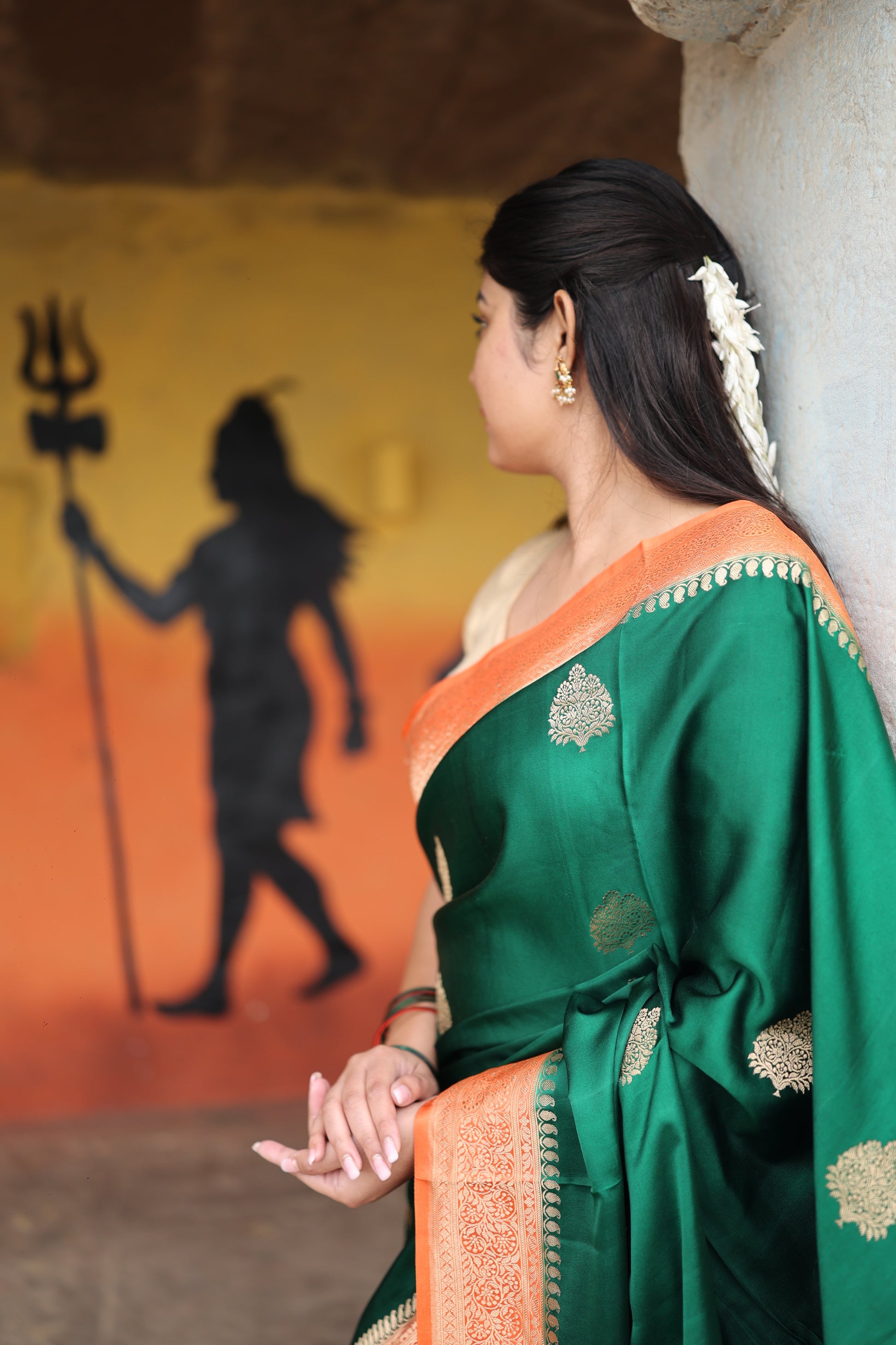 Katan Banarasi Saree (Deep green with gold zari work) - Atulyakarigari
