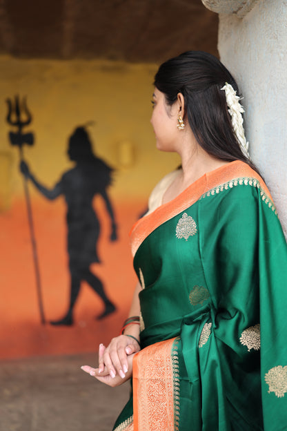 Katan Banarasi Saree (Deep green with gold zari work) - Atulyakarigari
