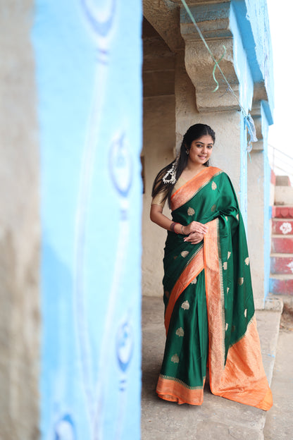 Katan Banarasi Saree (Deep green with gold zari work) - Atulyakarigari