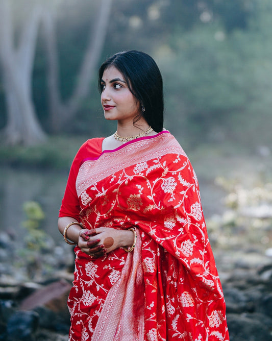 Banarsi Silk Saree Red - Hand woven