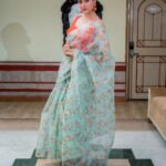 Hand dyed pure sea green organza saree