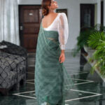 Hand dyed pure green organza saree - Atulyakarigari