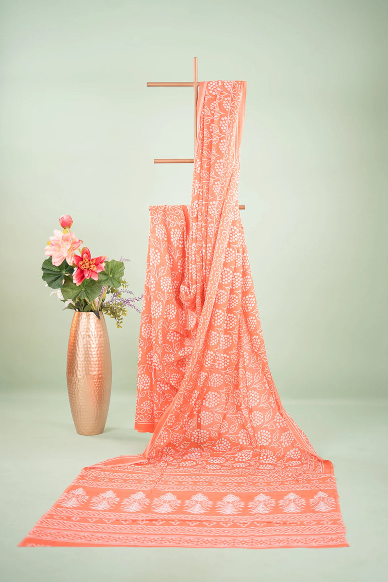 Terracotta Batik Leaf Mul Mul Cotton Saree
