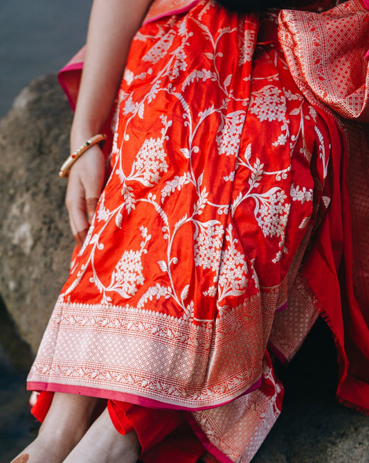 Banarasi Silk Saree Red - Hand woven - Atulyakarigari