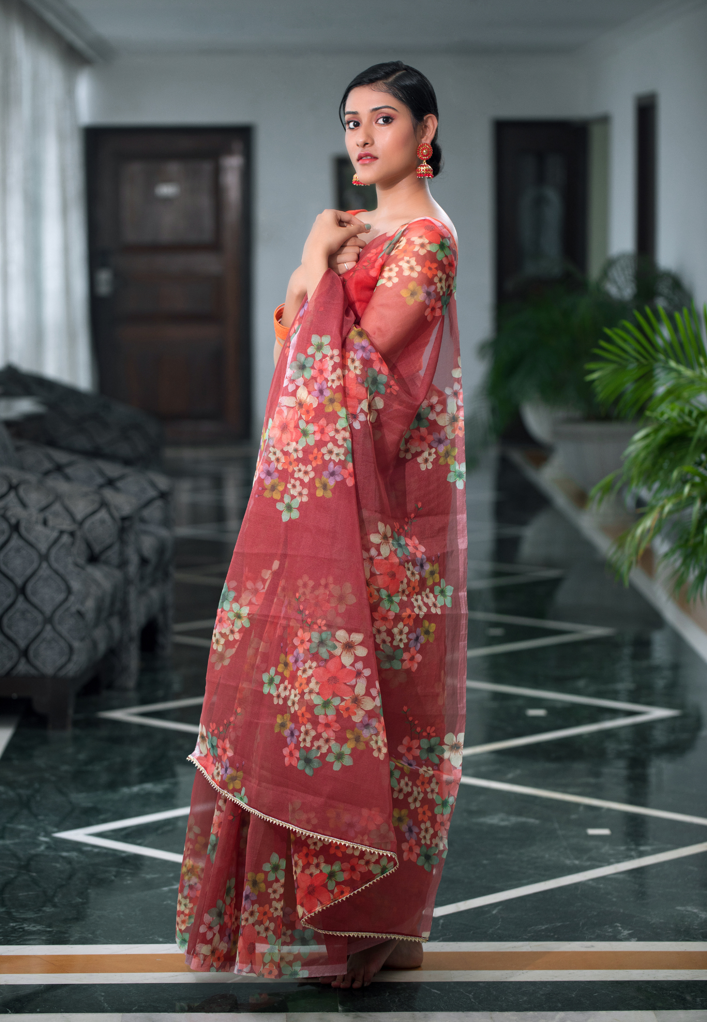 Hand dyed pure maroon organza saree - Atulyakarigari