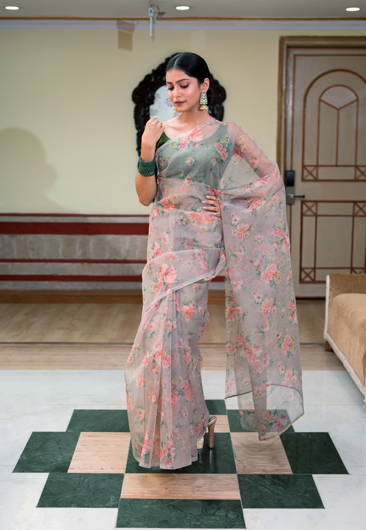 Hand dyed pure peach brown organza saree.