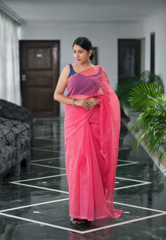 Hand dyed pure pink organza saree
