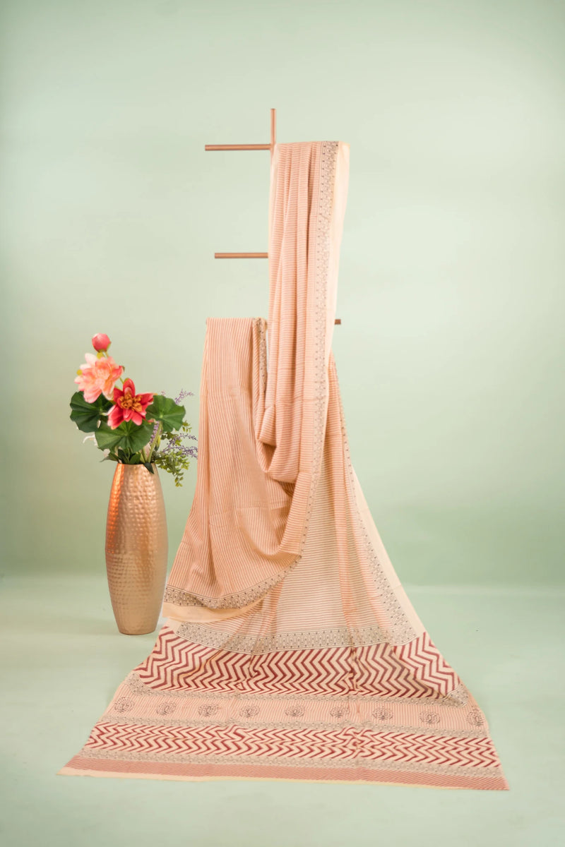 Beige Pinstripe Paisley Mul Mul Cotton Saree