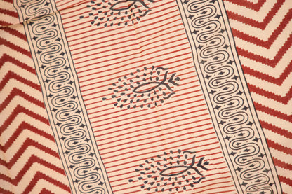 Beige Pinstripe Paisley Mul Mul Cotton Saree