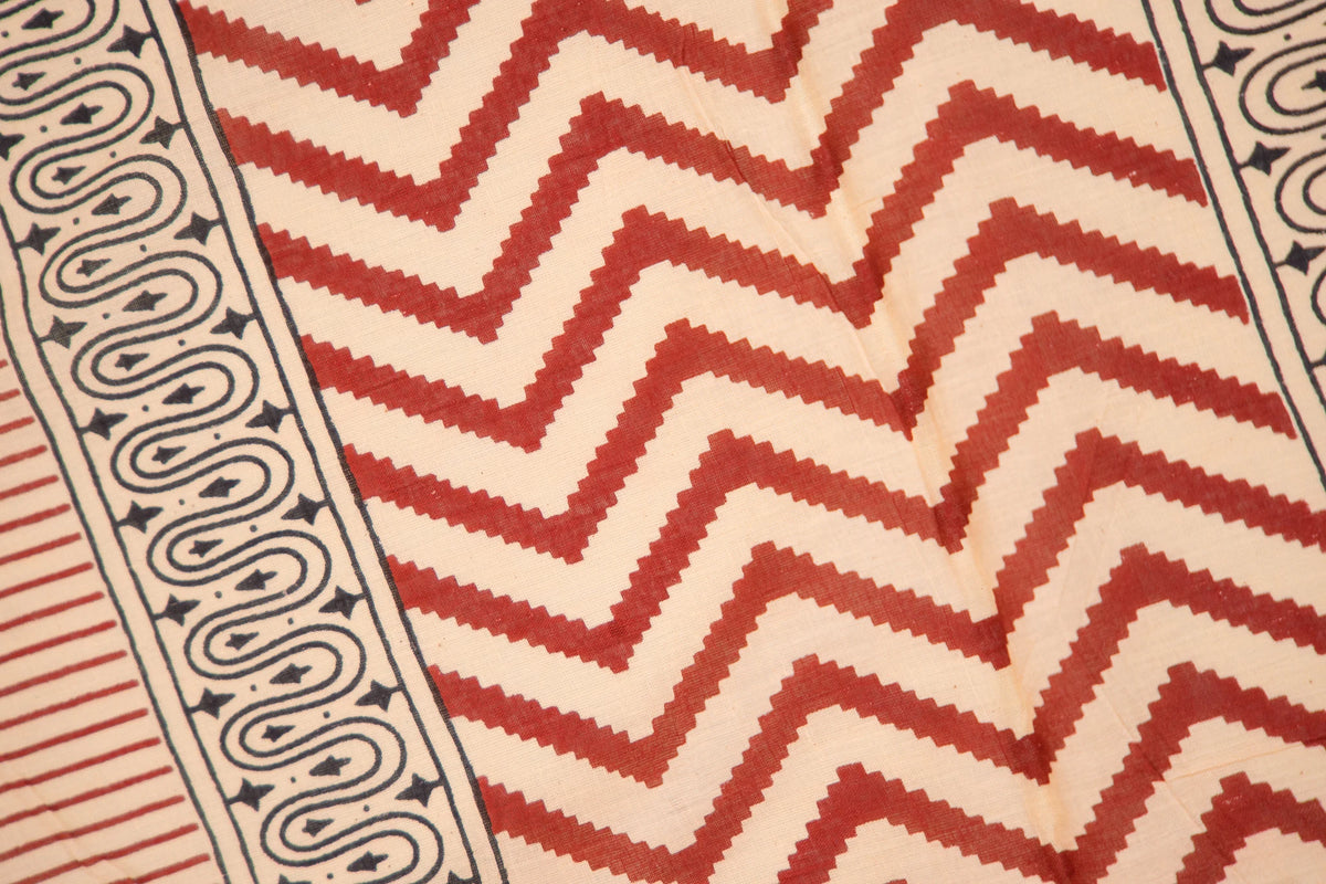 Beige Pinstripe Paisley Mul Mul Cotton Saree