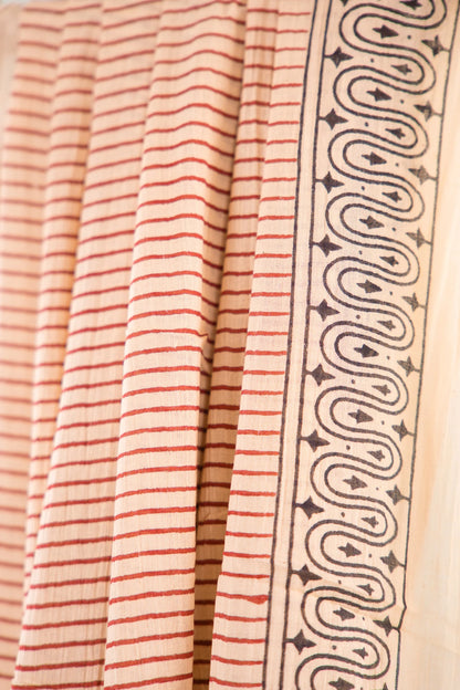 Beige Pinstripe Paisley Mul Mul Cotton Saree