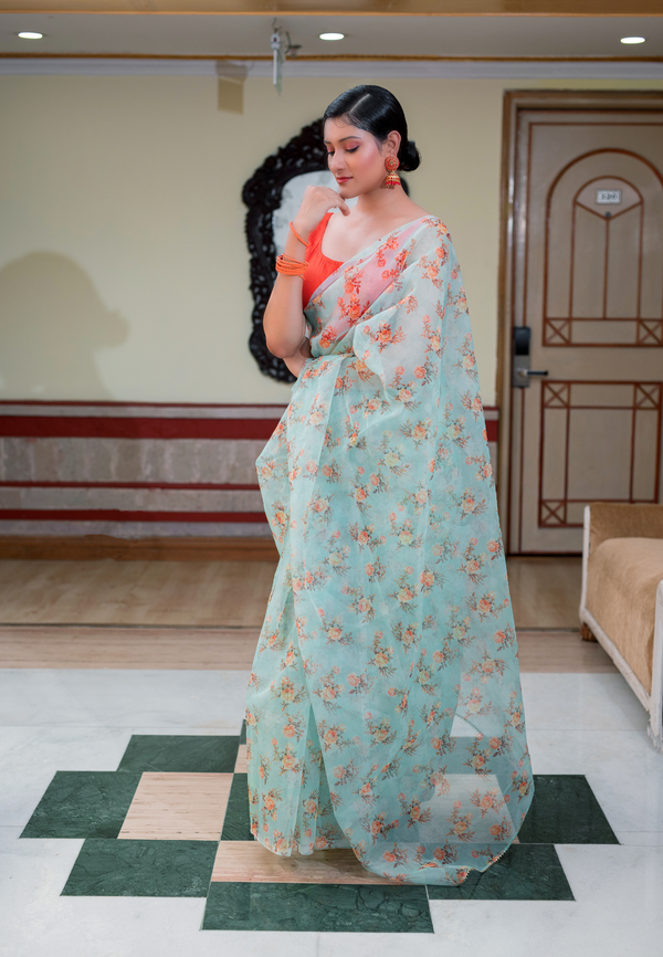 Hand-Dyed Sea Green Organza Saree