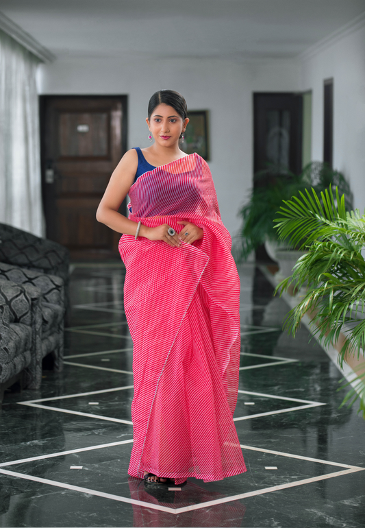 Hand dyed pure pink organza saree - Atulyakarigari