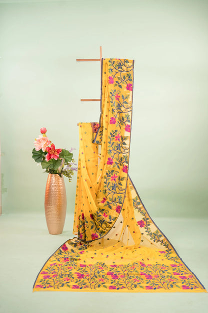 Bright Yellow Cotton Silk Saree with Multicolour Floral Jaal Pallu & Teardrop Butis | Atulya Karigari