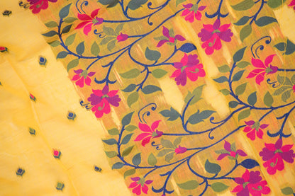 Bright Yellow Cotton Silk Saree with Multicolour Floral Jaal Pallu & Teardrop Butis | Atulya Karigari